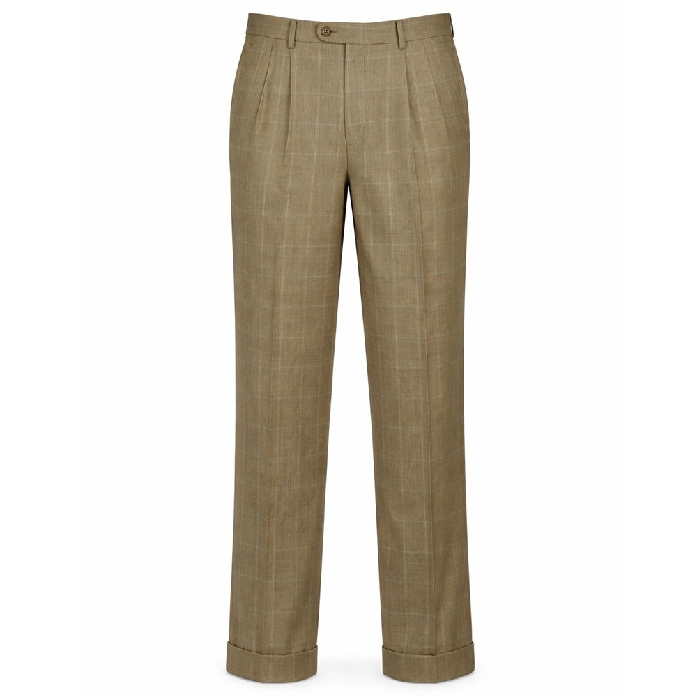 Linea Naturale Luxe Dress‎ Pants Men 34 Tan Windowpane Wool Super 120 Italy